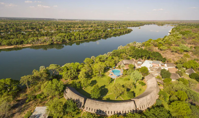 Aerial view of the hotel and the Zambezi river