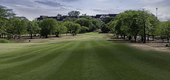 Golf course fairway with hotel and trees in background