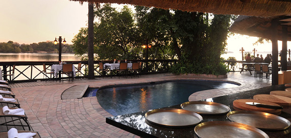 Lodge bar and deck overlooking the river